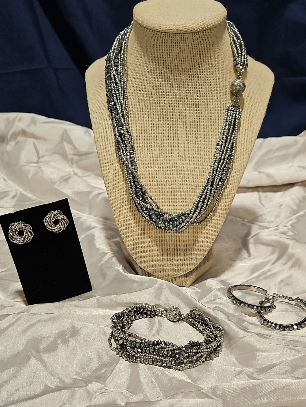 Silver-Tone Multi-Strand Bead Necklace and Bracelet Set